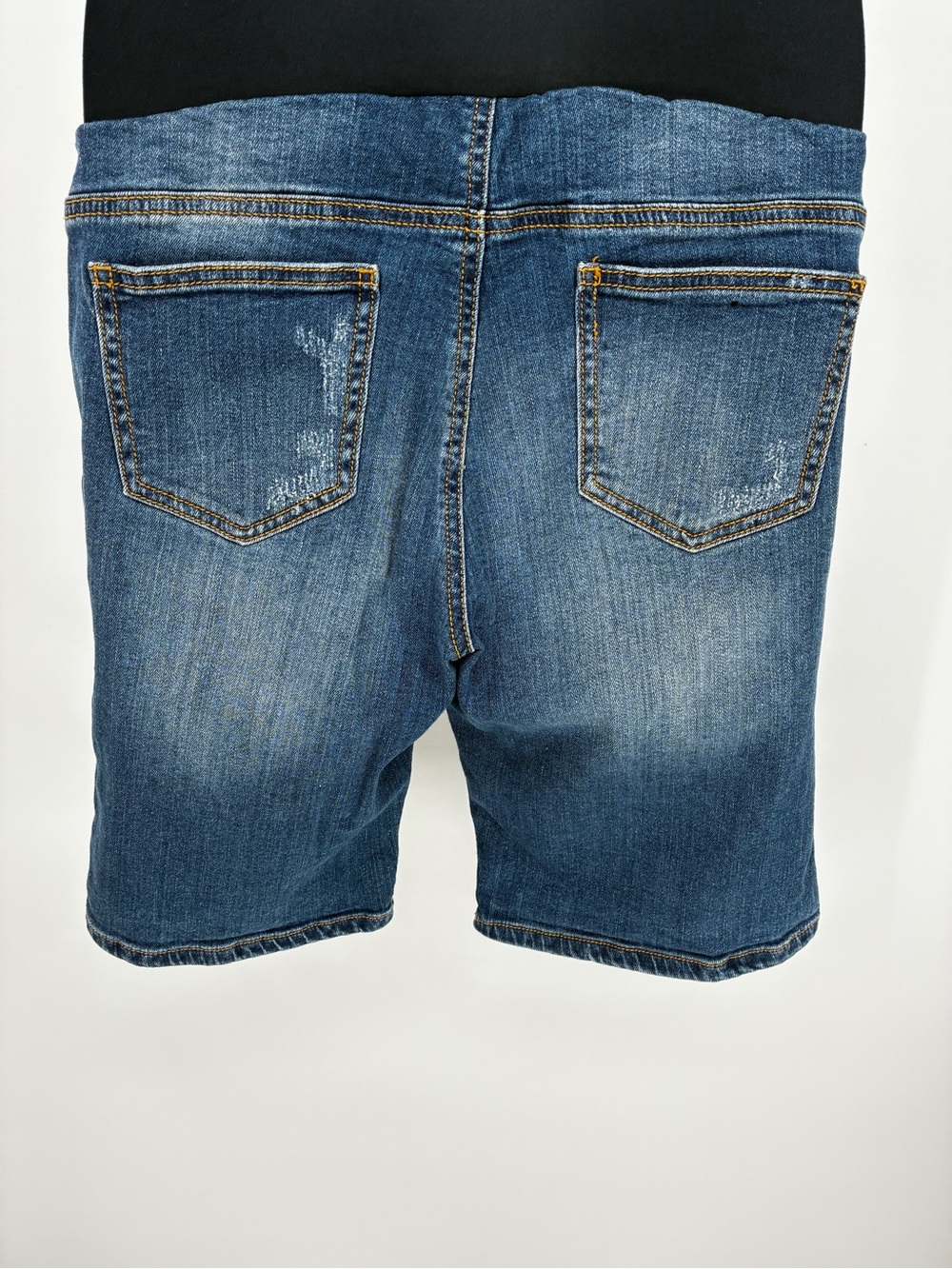 Indigo Blue Distressed Denim Bermuda Maternity Shorts Size M Full Belly Panel - Picture 7 of 9